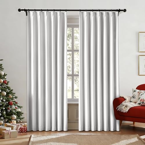 FAPLIGLISY Pinch Pleated Blackout Curtains, Pinch Pleat with Back Tab Top Curtains for Bedroom, Linen Strip Textured Weave with Hooks Drapes for Living Room, 40 Width 95 Inch Long 2 Panel, White