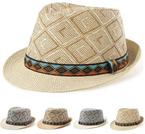 Initlove Straw Fedora Hat for Men Women Summer Short Brimmed Trilby Hats
