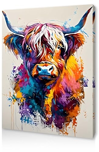 Qiukoo Wall Art – Colourful Highland Cow Canvas Print, Modern Abstract Animal Artwork for Bedroom, Living Room, Hallway or Stairs, with Pre-Mounted Frame and Hanging Hooks, 12 x 16