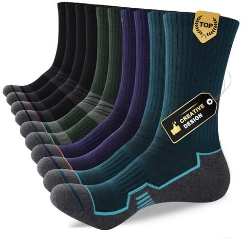 ILovDaisy Mens Sports Socks 9-12 6-8, Cushioned Hiking Work Socks, 5 Pairs | Breathable and Moisture Wicking Athletic Walking Socks Anti-Blister Crew Socks for Hiking, Running, Trekking, Cycling