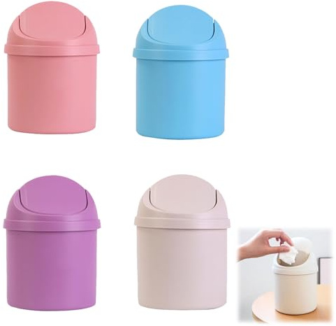 Bavooty Mini Pattumiera con Coperchio,Pattumiera da Tavolo,Bidone Spazzatura, Mini Cestino da Scrivania,con 8 Rotoli di Sacchi Cestino,per Ufficio Bagno Letto Cucina,Viola Blu Rosa Grigio,4 Pezzi