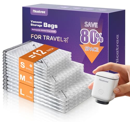 Innsky 12-Pack Vacuum Storage Bags with Rechargeable Pump, Large Space Saver Compression Pouches Essential for Travel Packing, House Moving and Seasonal Home Organisation, 3 Sizes
