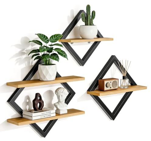 JUJOYBD Wandregal 3er-Set, Rautenförmige Hängeregale, Schweberegal Modern, Schwarz und Holz, 29 cm 35 cm 41 cm, für Wohnzimmer Schlafzimmer Küche Büro