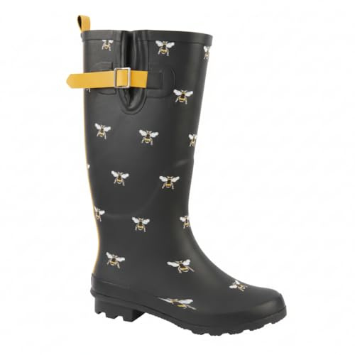 A2Z Ladies Wide Fit Heeled Wellington Boots Rubber Waterproof Adjustable Buckle - Wellies LDS Honey Black 7 UK