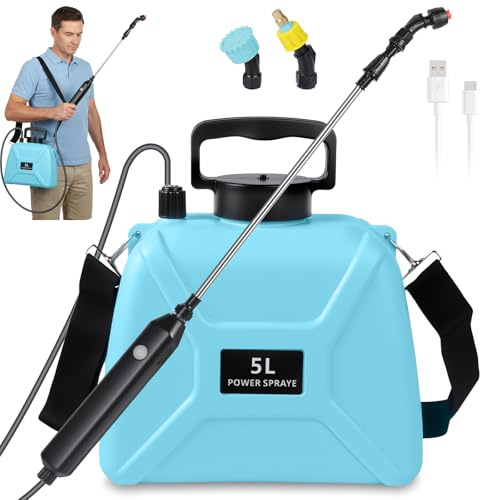 Pulverizador de presión a batería de 5 litros eléctrico, pulverizador de jardín con lanza telescópica, 3 boquillas y correa para el hombro, pulverizador eléctrico para plantas con ventana de
