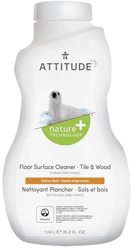 ATTITUDE Floor Cleaner, EWG Verified, Streak-Free, Vegan & Plant-Based for Tile, Wood & Laminate Floors, Citrus Zest Scent, 1.04 Liters