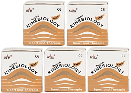 Nasara Original Kinesiologie Physio Tape für Sport und Medizin, Rollengröße 5cm x 5m, 5 Rollen, Beige