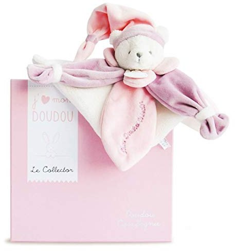 Doudou et Compagnie - Doudou Plat Ours Collector - Rose - 24cm -3 Couleurs au Choix - Ourson avec Bonnet de Nuit - Avec Boite pour Cadeau Naissance - Garantie Doudou Perdu - DC2920
