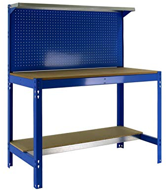 Simon Rack Banco de Trabajo Taller, Capacidad Carga 600 kg, 1445x1510x610 mm, Mesa de Trabajo, Azul/Madera - BT3