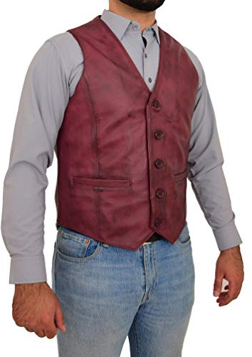 Gilet da uomo in pelle piena bordeaux gilet intelligente tradizionale - King, Borgogna, L