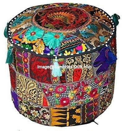 Funda de algodón tradicional india con bordado de múltiples parches, estilo vintage y cojín para el suelo, puf bohemio bordado a mano, hecho a mano, color negro, 45 x 30 cm