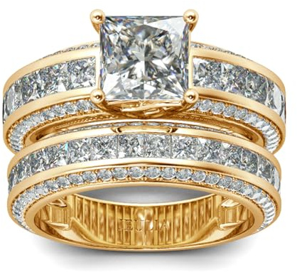 Jeulia Plata de Ley Juego de Anillos para Mujer 4 Puntas Diamantes Anillos Juego Con Corte Princesa Joyas para Novia Anillo de Bodas Compromiso Oro amarillo 23.5