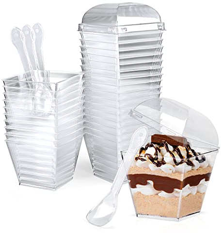 CoKeeSun 30 Stück Desserttassen mit Deckel und Löffeln 4 oz/115 ml Quadratischer Dessertbechern Set Wiederverwendbar Dessertbecher für Dessertparty Pudding Mousse Eis