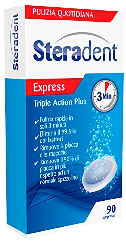 Lot de 90 compresses Steradent Express Effervescents Triple Action Plus pour le nettoyage de la dent Sensation de fraîcheur