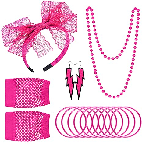 NITAIUN 80er Jahre Retro Party Kostüm Set 80er Kostüm Zubehör, Lace Stirnband Kunststoff Halskette Ohrringe Neon Armband Fischnetz Handschuhe Karneval Mottoparty Cosplay, Rosa, Einheitsgröße