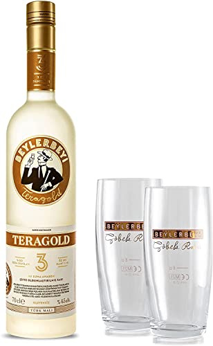 RAKI Beylerbeyi | Lot de 1 Bouteille de Teragold Raki Turc de 70cl + 2 Verres à Raki | Eau de Vie Turque Aromatisée à l'Anis - 100% Raisins Frais - Sans Sucres Ajoutés