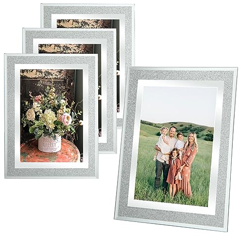 ASelected 6X4 Glass Photo Picture Frames For Wedding Photos,Family Photos And Home Decoration,Freestanding And Wall Mountable, 4 Pcs Portrait Or Landscape Display,Silver
