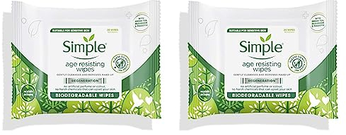 Simple Regeneration Age Resisting Biodegradable Facial Wipes remove make-up and fights premature ageing for sensitive skin 20 wipes,package may vary (Pack of 2)