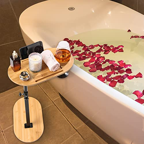 Meekio Badewannenablage Bambus，Badewannenbrett Höhenverstellbar Faltbar， Bambus-Badewannen-Tablett, Freistehendes verstellbare Höhe,Wannenablage für Badewanne gegen Wand, Soaker-Wannenzubehör Luxus