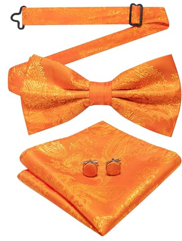 JEMYGINS Herrfluga med cashewblomdesign retrodesign med manschettknappar och näsduk, Orange färg, M