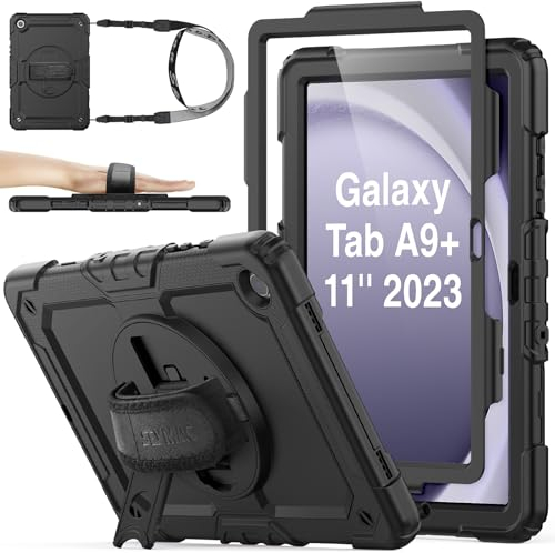 SEYMAC stock Hülle für Samsung Galaxy Tab A9 Plus/ A9+ 11 Zoll, Stoßfeste Hülle mit Displayschutz, 360° Drehbarer Ständer/Handschlaufe, Stifthalter & Schultergurt, Schwarz