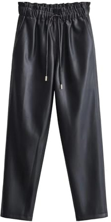 Disimlarl Pantalon baggy en similicuir pour femme avec cordons de serrage élastiques, taille haute, polyvalent, Noir , L