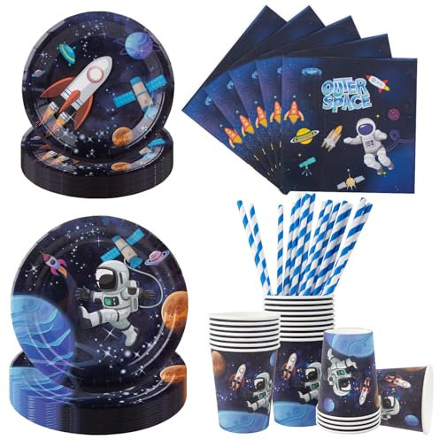Aitsite 100 Stück Weltraum Partygeschirr Set, Astronaut Partyteller Geburtstag für 20 Gäste, Weltraum Geburtstag Geschirr, Einwegteller Pappbecher Servietten Strohhalme Party Deko