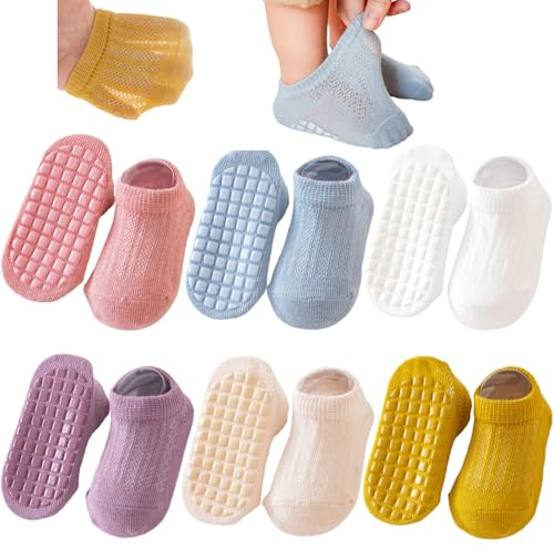 Yafane 6 par halkfria strumpor för flickor i bomull för barn och flickor, babystrumpor för pojkar och flickor, Blå/rosa/lila/gul/vit, 3-5 anni