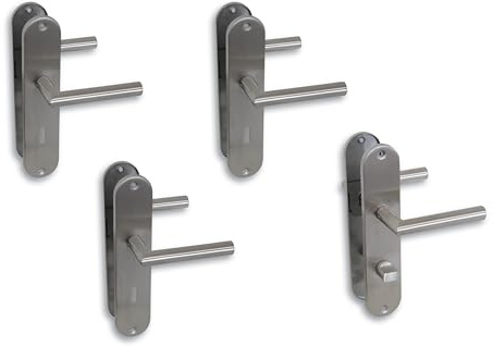 Juego de 4 placas largas para renovación de puertas, acero inoxidable satinado para 3 puertas de habitaciones con perforaciones de barba y 1 puerta de baño y tirador de puerta