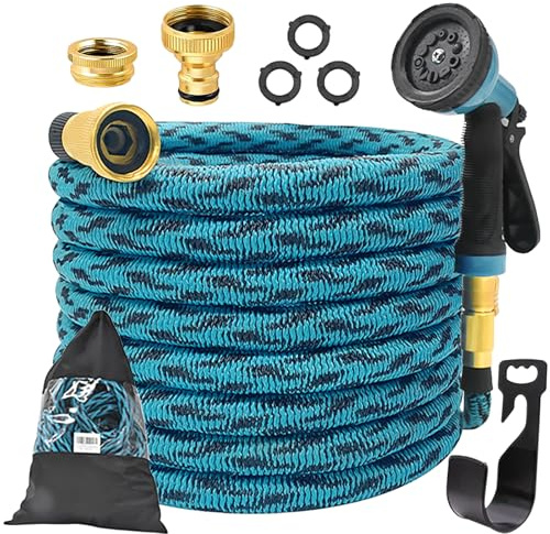 50FT Expandable Garden Hose Pipe, Kink-Free Garden Hose, 4-Layer Latex Flexible Hose Pipe, 10 Function Spray Nozzle, 3/4&1/2 Copper-Plated Alloy Connectors, Hosepipes for Garden, Houses and Cars