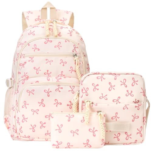 TIAASTAP Aesthetic School Bag for Girls Cute Backpack Sets Preppy School Backpack Kawaii Girls Rucksack for Teenage Secondary Primary Middle School (A01 Bow Pink)