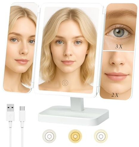 Vanity Mirror With Lights, 1X/2X/3X Tri-fold Table Magnifying Mirror Folding Rechargeable Travel Makeup Mirrors Portable Led Light Up Dressing Table Mirrors, 3 Color Lighting Make Up ,Dimmable Touch