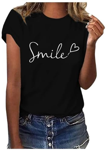 Tee Shirt Femme Manche Courte Col Rond Coton été T-Shirts Haut Femme Ete Fluide Ample Chic Grande Taille Imprimé Confortable Sport Casual Plage Tunique Chemisier (Noir-1, XL)