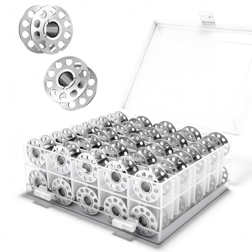 HASLED Bobine per Macchina da Cucire in Metallo - Set da 36 Pezzi con Portabobine Trasparente - Diametro Interno 7mm - Compatibile con la Maggior Parte delle Macchine da Cucire