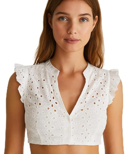 Jadive Dirndl Tradicional Blanco Ropa Cervecera para Mujer Blusa Dirndl de Manga Corta con Cuello en V y Diseño Calado Festival de la Cerveza de Baviera