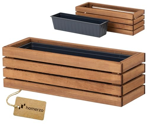 HOMERZO Fioriera in legno, rettangolare, marrone, con inserto in plastica rimovibile, per balcone, giardino e terrazza (marrone orizzontale, 65 x 23 H20)