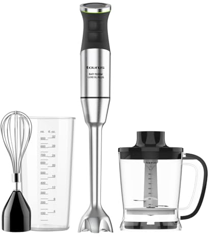 Taurus – Batidora de Mano XXL 1500W | 20 velocidades + TURBO| Cuchillas Inox| Campana Antisalpicaduras| Ergonómica| Libre BPA| Apta Lavavajillas| Pica Hielo | 3 Accesorios