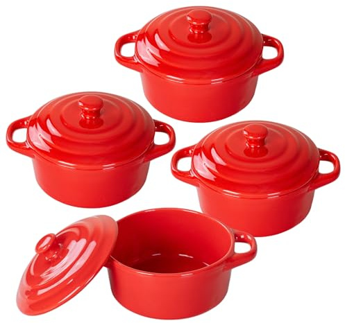 Mini Cocotte Set of 4, 15 oz Ceramic Mini Dutch Ovens with Lids and Handles, Small Casserole Dishes for Baking, Soufflé and Baked Desserts, Oven Microwave Dishwasher Safe, Red