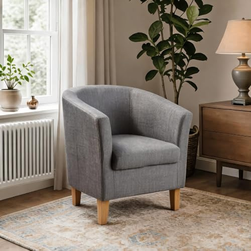 Home Source Bedford Small Padded Tub Chair, Linen, Light Grey | Curved sides wrap around your back, layered foam cushioning, a neat fit for reading corners, bedrooms and home offices