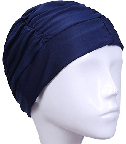 Bonnet de bain ZAK168 - Tendance - Original - Spécialement conçu pour les nageuses avec des cheveux longs, épais ou bouclés - Pour femme free size bleu marine