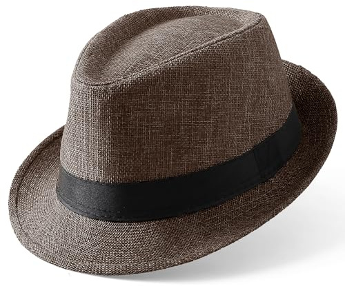 BABEYOND Straw Trilby Fedora Hat for Men-1920s Felt Panama Hat Short Brim Summer Cap with Ribbon A-Brown