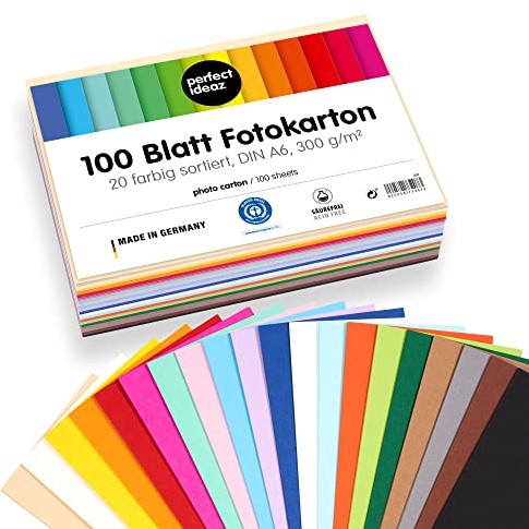 perfect ideaz - 100 Blatt Foto-Karton DIN-A6, 20 Farben, 300 g/m², made in Germany, Blauer Engel zertifiziert
