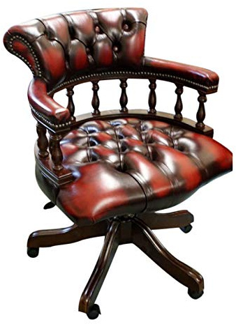Chesterfield Company Red Chesterfield Captains Leather Office Chair | Swivel Desk Chair with Gas Lift, Tilt Function, Button Tufted Back & Mahogany Base Adjustable 84–91cm