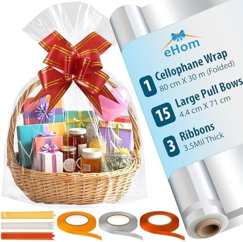 Cellophane Wrap Roll (30M x 80cm - Folded) 3.5Mil Thick with 3 Ribbons & 15 Pull Bows – Food Grade, Clear Cellophane Wrap for Hampers, Food, Halloween & Christmas Gifts, Flowers, Treats & Crafts