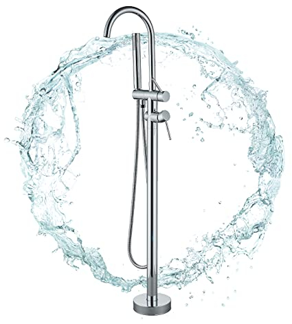 Robinet de Baignoire avec Douchette pour Salle de Bain Laiton, Robinet Baignoire Mitigeur au Sol Autoportant Melangeur Baignoire Ilot Sur Pied avec Double PoignéE Chromé