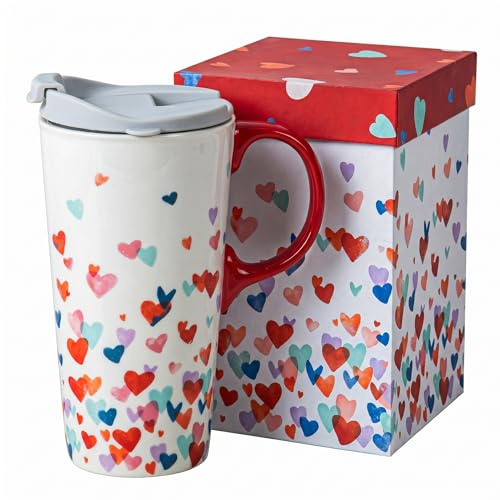 DUSVALLY 500ml Ceramic Travel Mug with Lid, Colourful Heart Coffee Mug, Cute Tea Cup with Handle, Gift Box Included, Microwave & Dishwasher Safe