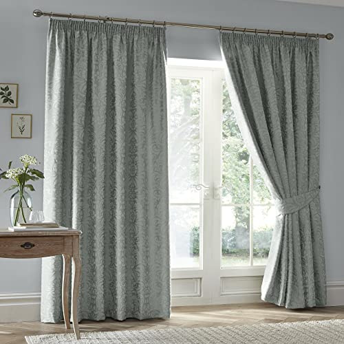 Appletree - Green Jacquard Curtains W66 x L90 (168 x 229cm) - 2 Tie Backs Included - Damask Curtains - Soft-Touch Microfibre - Woven Curtains in Green - Lined - Floral Pencil Pleat Curtains