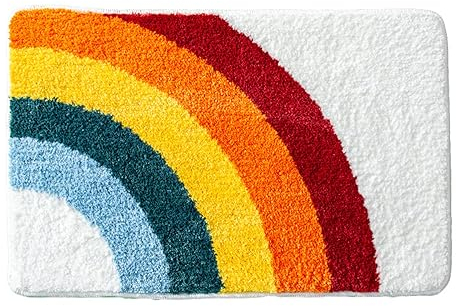 Badezimmerteppich Weißer Regenbogen Badematte rutschfest,Weiche Badteppich,Badvorleger Duschvorleger,Teppich Badezimmer Waschbar,Bad Teppich Flauschig 50×80cm