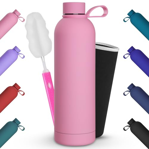 Geepen Botella Termica 750ml Botella de agua acero inoxidable con cepillo + bolsa portátil Soporte para botella de agua deportiva para acampar,escuela,deportes,gimnasio, Rosa