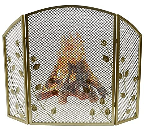 Kaminschutzgitter, 3-teiliges Bogen-Feuerschutzgitter aus Schmiedeeisen, kindersicher, solides Kamin-Funkenschutzgitter, für Holzbrenner/Ofen, Blatt-Design (Farbe: Gold) (Gold) Present